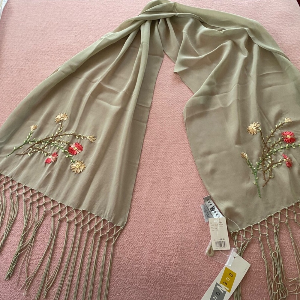Sue Wong silk pale green embroidered scarf/shaw.